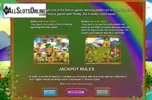 Jackpot Rules Screen. Bingo Shamrock Ball from Caleta Gaming