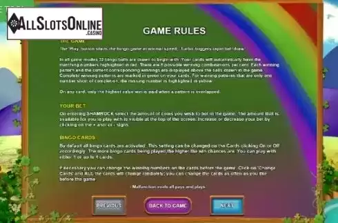 Rules Screen. Bingo Shamrock Ball from Caleta Gaming