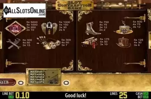 Paytable. Contraption Game HD from World Match