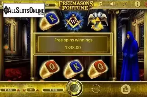 Free spins win screen. Freemasons' Fortunes from Booming Games