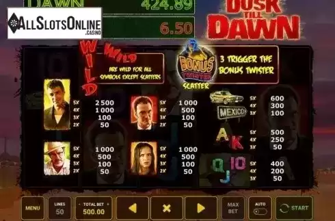 Paytable. From Dusk Till Dawn from Novomatic