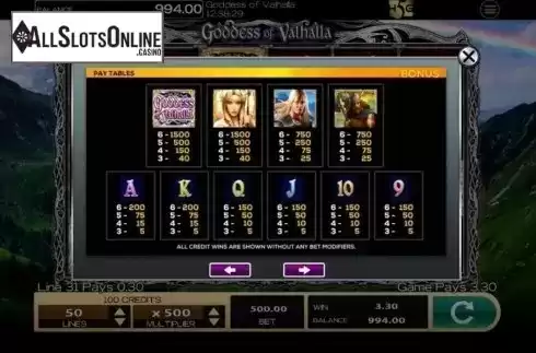 Paytable. Goddess of Valhalla from High 5 Games