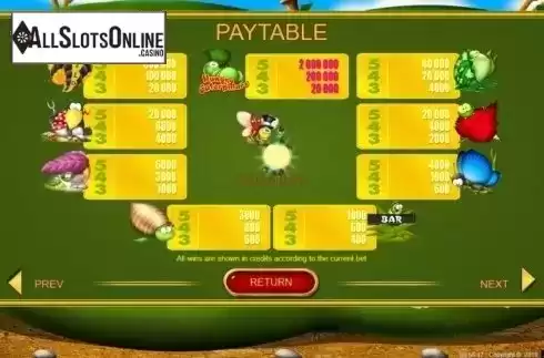 Paytable. Hungry Caterpillars from Belatra Games