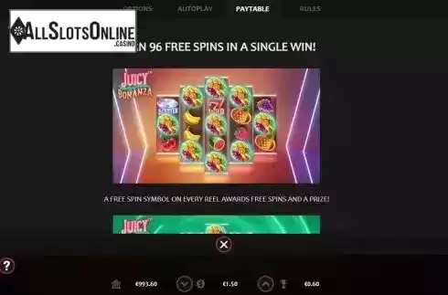 96 Free Spins screen