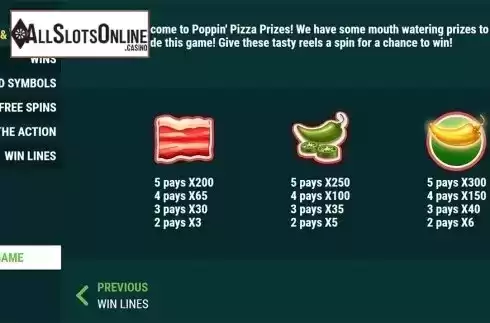 Paytable . Poppin Pizza Prizes from Slot Factory