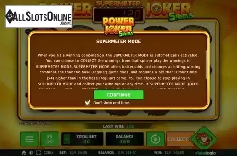 Supermeter Mode screen. Power Joker 5 Reels (Classic Joker) from StakeLogic