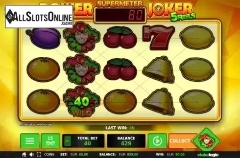 Supermeter Mode Wild Win screen. Power Joker 5 Reels (Classic Joker) from StakeLogic