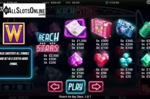 Paytable. Reach for the Stars from Live 5
