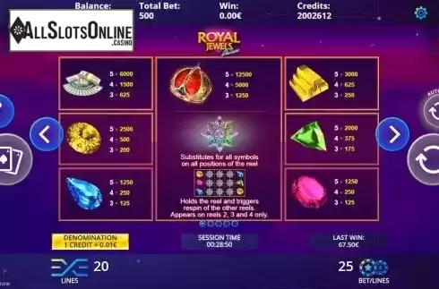 Paytable screen. Royal Jewels Deluxe from DLV