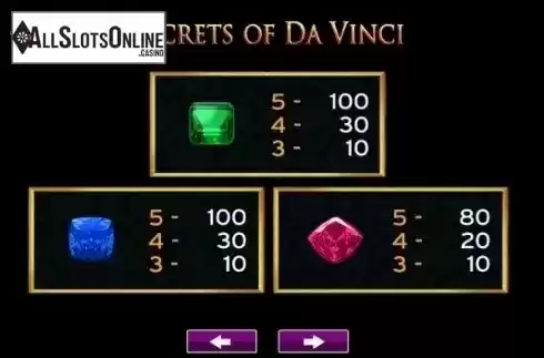 Paytable 5. Secrets of Da Vinci from High 5 Games