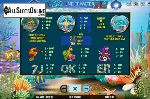 Paytable 1. Sea Underwater Club from Fugaso