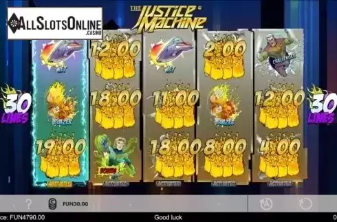 Special Power Bonuses Blazer screen. The Justice Machine from 1X2gaming