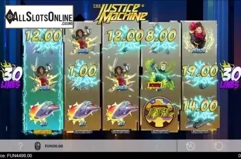 Special Power Bonuses Chain screen. The Justice Machine from 1X2gaming