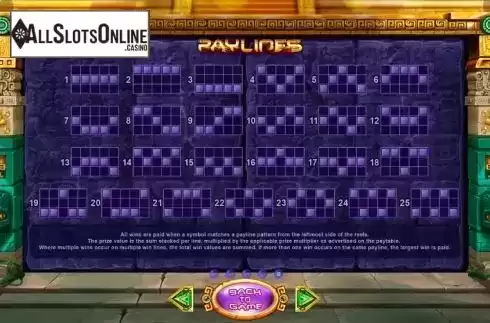 Paylines screen. Under The Fifth Sun from Felix Gaming