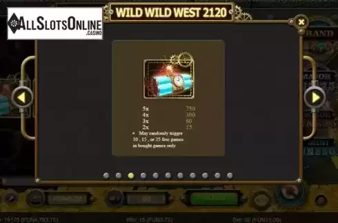 Paytable screen. Wild Wild West 2120 from Big Wave Gaming
