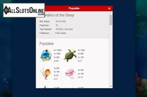 Paytable 1. Wonders of the Deep from Gamesys