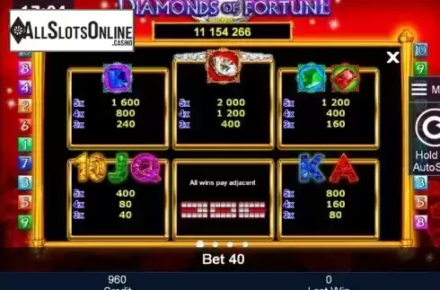 Paytable 1. Diamonds of Fortune from Greentube