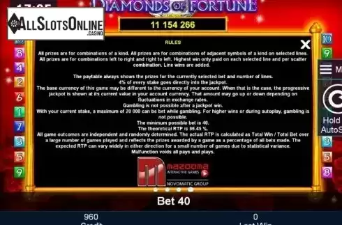 Paytable 4. Diamonds of Fortune from Greentube