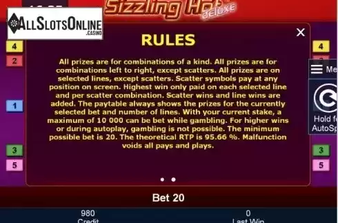 Paytable 2. Sizzling Hot deluxe from Greentube