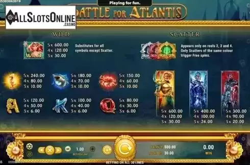 Paytable. Battle for Atlantis from GameArt