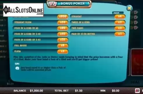 Paytable. Bonus Poker (Red Rake) from Red Rake