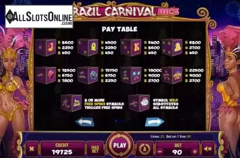 Paytable screen. Brazil Carnival Dice from Mancala Gaming