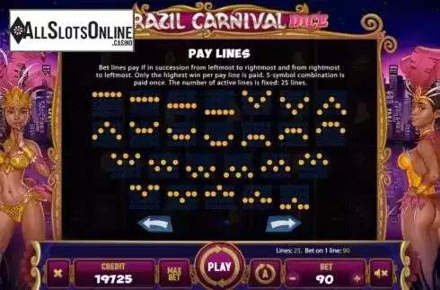Paylines screen. Brazil Carnival Dice from Mancala Gaming