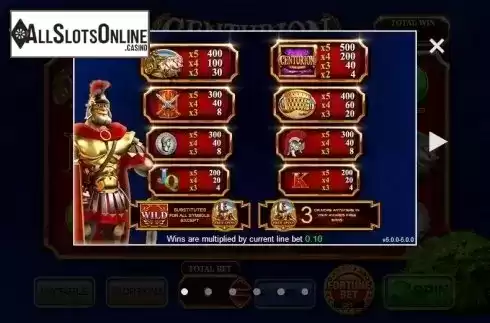 Paytable 1. Centurion Free Spins from Inspired Gaming
