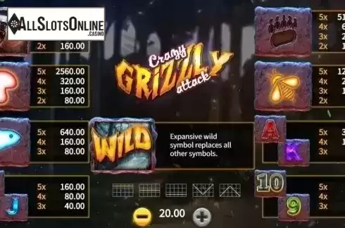Paytable. Crazy Grizzly Attack from SYNOT