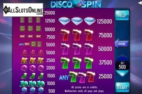 Paytable screen. Disco Spin Pull Tabs from InBet Games