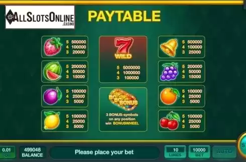 Paytable screen. Fruits Fortune Wheel from InBet Games