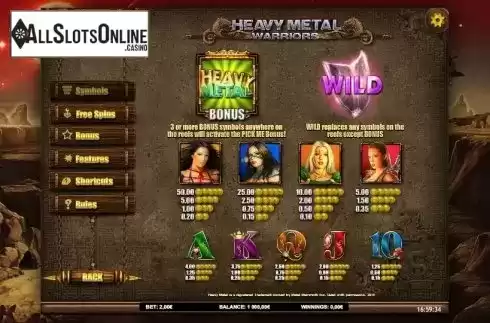 Paytable 1. Heavy Metal Warriors from iSoftBet