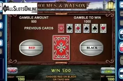 Gamble game screen . Holmes Watson Deluxe from Novomatic