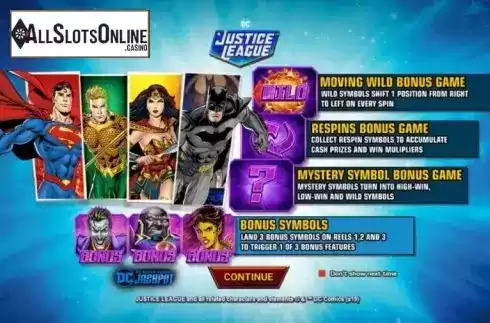 Start Screen. Justice League Comic from Playtech