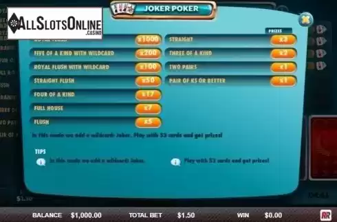 Paytable. Joker Poker (Red Rake) from Red Rake