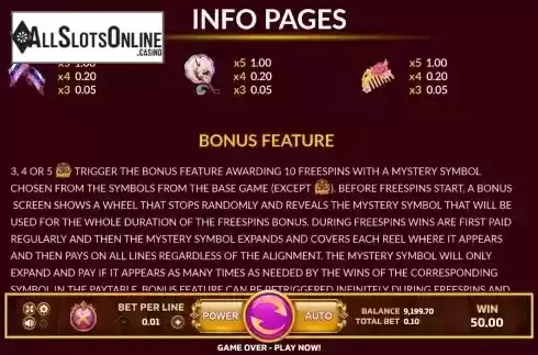 Paytable and Bonus feature screen