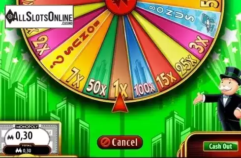 Bonus Wheel  screen. Super MONOPOLY Money from WMS