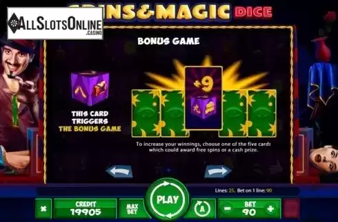 Bonus game screen. Spins and Magic Dice from Mancala Gaming