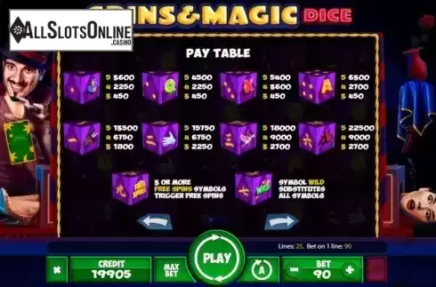 Paytable screen. Spins and Magic Dice from Mancala Gaming