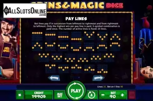 Paylines screen. Spins and Magic Dice from Mancala Gaming