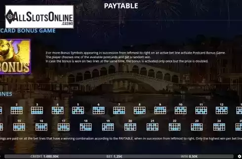 Bonus game and paylines screen