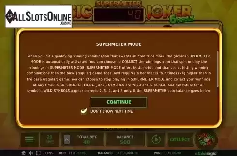 Supermeter mode intro screen. Classic Joker 6 Reels from StakeLogic