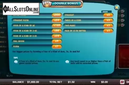 Paytable. Double Bonus (Red Rake) from Red Rake