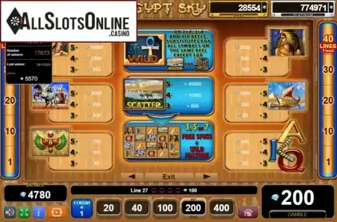 Paytable 1. Egypt Sky Egypt Quest from EGT