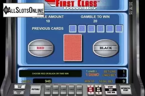 Gamble game screen. First Class Traveller from Novomatic