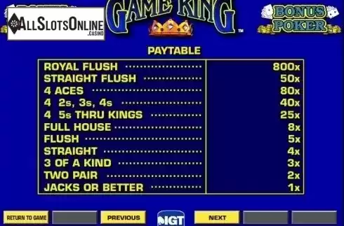 Paytable. Bonus Poker Game King from IGT