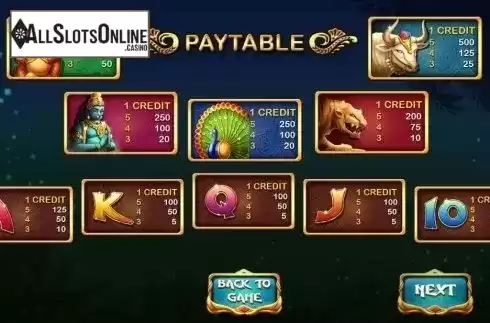 Paytable. Paradise of Shambhala from Vela Gaming