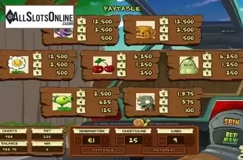 Paytable. Plants vs Zombies (IGT) from IGT