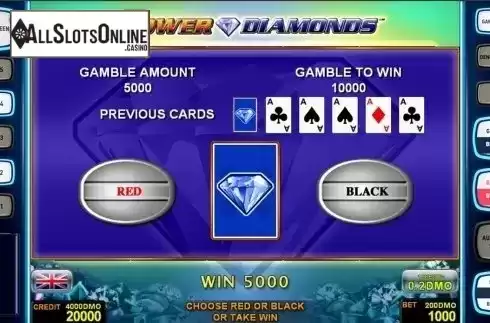 Gamble game screen. Power Diamonds Deluxe from Novomatic