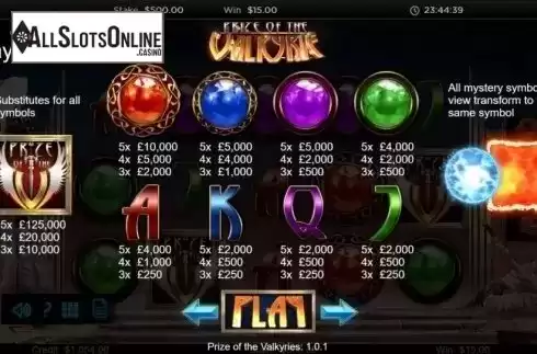 Paytable. Prize of the Valkyrie from Live 5
